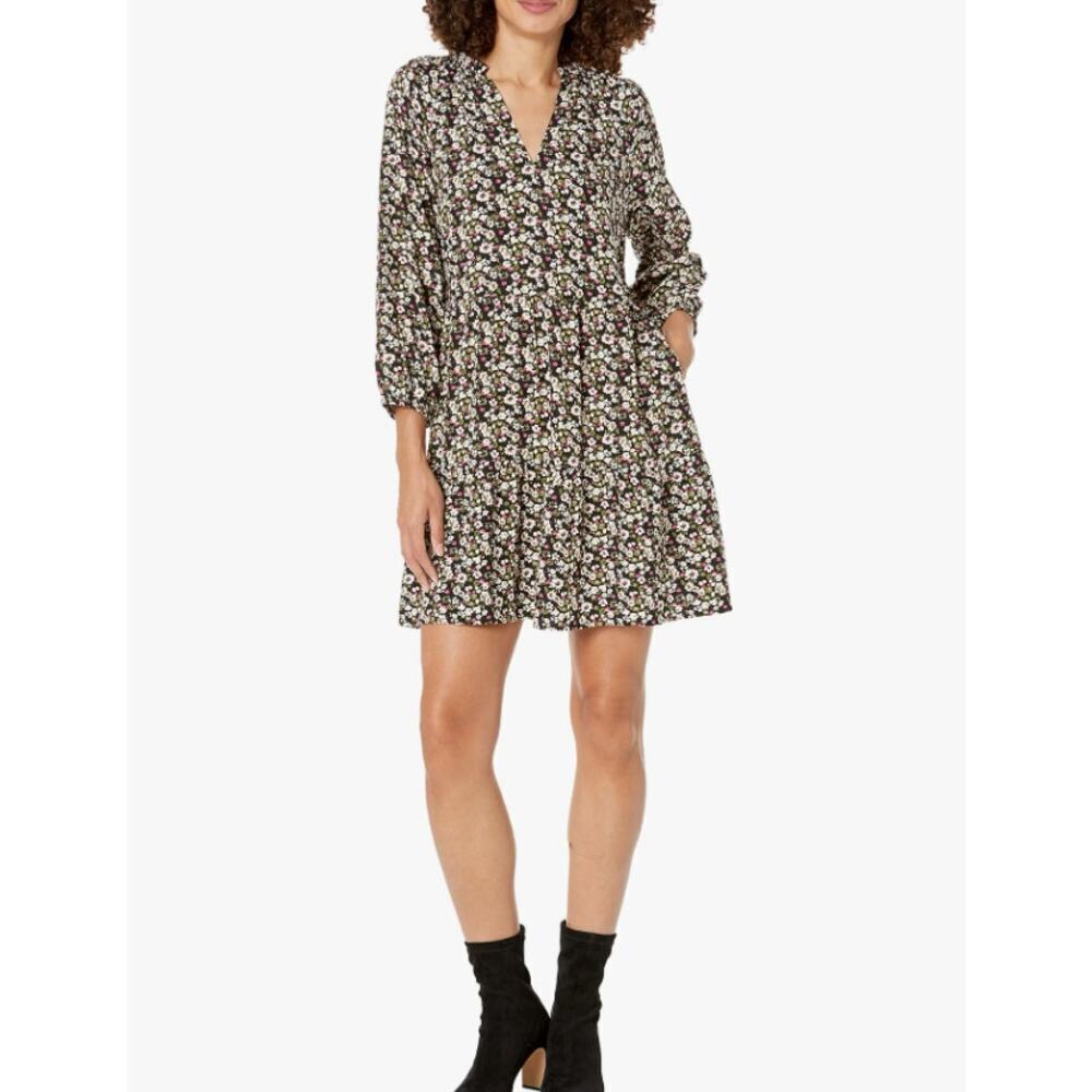 The Drop Women's Caralynmirand Floral Ruffle-Neck Tiered Mini Dress Size L Black